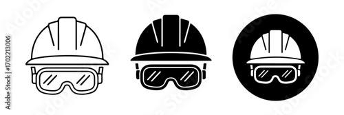 Versatile Set of Safety Hard Hat and Goggles Icons in Outline, Solid, and Circular Styles