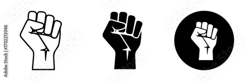 Minimalist Raised Fist Icon Set in Black and White Outline, Solid, and Circle Variations