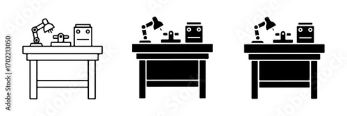 Workshop Workbench Table Icon Set with Lamp, Tool, and Robot