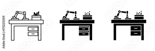 Collection of Robotic Arm Workbench Icons: Outline and Solid Styles