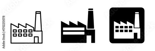 Vector Factory Icons Set in Monochrome Outline, Silhouette, and Inverted Styles