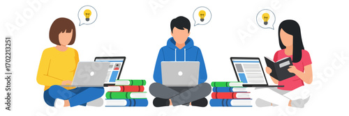 Students Learning with Laptop and Book Idea