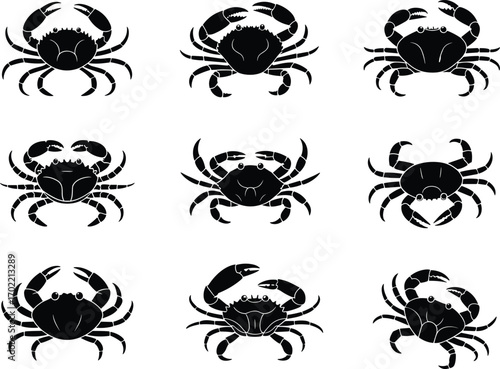  Crab silhouette vector illustration, marine animal icons, seafood design set, ocean creature graphic collection, black crab symbol, aquatic wildlife drawing, editable crustacean clipart