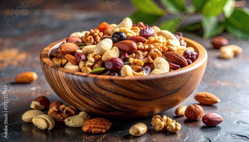 Healthy Mix of Nuts and Dried Fruits in Wooden Bowl
