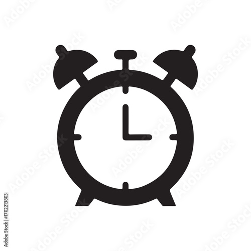Classic Black Alarm Clock Icon in Flat Style on White Background