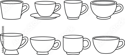  Coffee cup vector illustration, tea mug outline, ceramic cup collection, kitchen utensil design, hot drink symbol, beverage container graphic, minimalist black line art