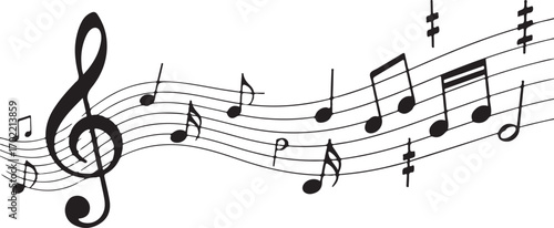 Musical notes and treble clef on a flowing staff musical notation
