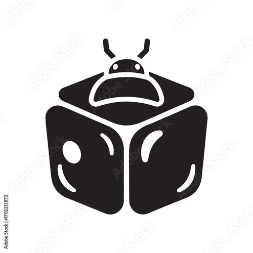 Minimalist Black Isometric Bug Icon with Geometric Cuboid Body and Shiny Highlights