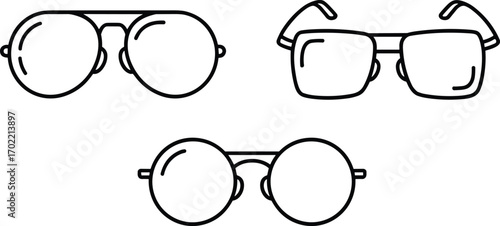 Eyeglasses and sunglasses vector illustration, outline icon set of fashion eyewear, round frames, aviator style, square glasses, optical accessories for vision correction