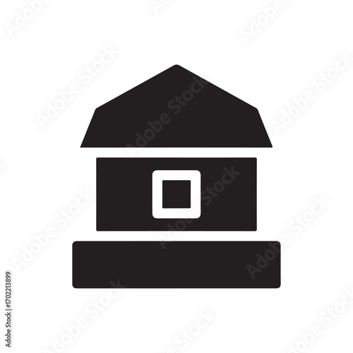 Minimalist Black House Icon with Gable Roof and Square Window on White Background