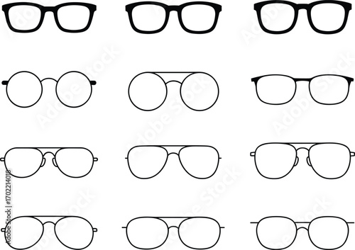 Eyeglasses vector illustration set, different frame styles, round glasses, square eyeglasses, aviator frames, optical design elements, black outline spectacles, modern accessory icons