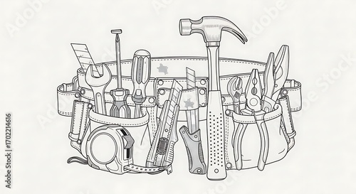 Line drawing depicts a tool belt filled with various hand tools for construction and repair