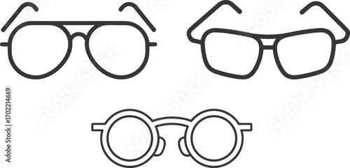 Eyeglasses vector illustration, black outline spectacles collection, round glasses, square frames, aviator style, optical eyewear design, fashion accessory for vision correction