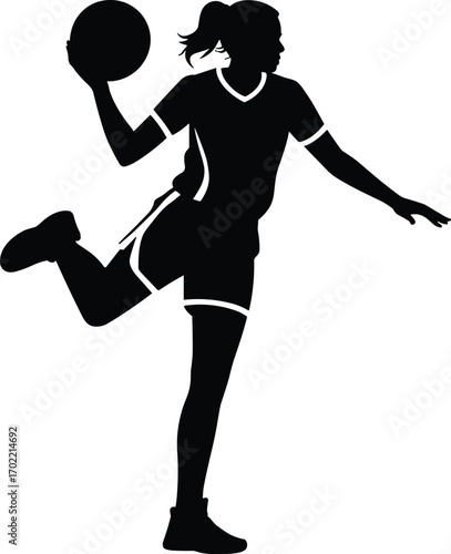 Female basketball player silhouette, woman dribbling ball, athlete in action, sports training vector, basketball illustration, fitness exercise, competitive game movement, black design