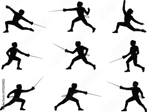Fencing athlete silhouettes, sword fighting training poses, Olympic sport action vector, martial arts movement, duel combat illustration, swordplay exercise design,