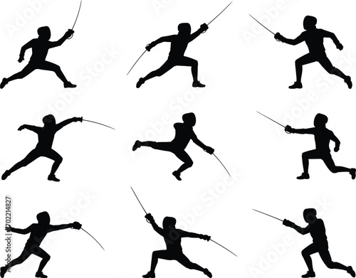 Fencing athletes silhouette set, sport training illustration, sword fighting poses collection, fencers practicing with swords, action movement vector design, competition martial art concept
