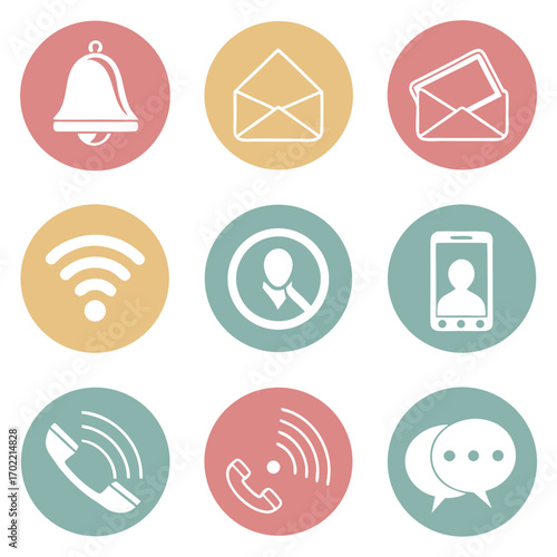 Vector art of collection of communication icons representing various methods such as phone calls, email, messaging, and notifications, all displayed in a flat design style
