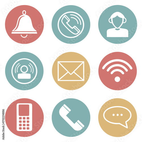 Vector art of collection of communication icons representing various methods such as phone calls, email, messaging, and notifications, all displayed in a flat design style