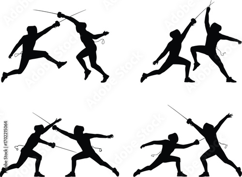 Fencing silhouettes, sword fighting action poses, duel athletes training, Olympic fencing sport vector, swordplay competition design, martial arts combat, black isolated artwork illustration