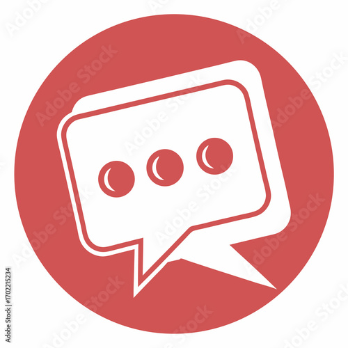 Illustration of a white speech bubble with three dots inside, set against a red circle, symbolizing communication, dialogue, and the exchange of ideas in a simple, modern design
