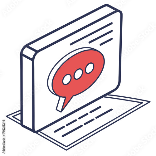Vector art of isometric illustration of a speech bubble with three dots on a screen, symbolizing digital communication, online dialogue, and the exchange of ideas in a modern, techsavvy design