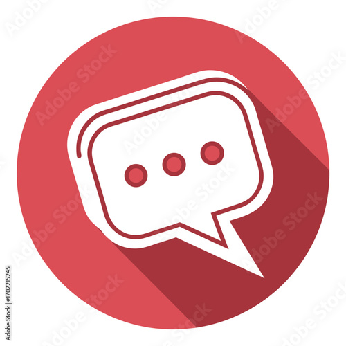 Illustration of a white speech bubble with three dots inside, set against a red circle with a shadow, symbolizing communication, dialogue, and the exchange of ideas in a simple, modern design