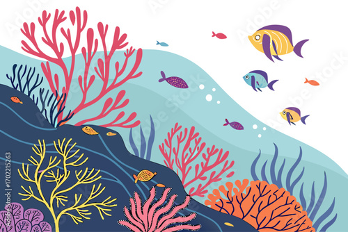 Vibrant underwater ocean life with coral and marine creatures