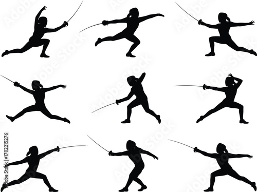 Fencing sport silhouettes vector illustration, athletes with swords, professional fencing action poses, duel combat training, martial arts movement, competition fight, black outline artwork