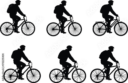 Cyclist silhouette riding bike, mountain biking, outdoor cycling, fitness exercise, biking sport, active lifestyle, adventure, helmet safety, healthy living, nature biking, cycling gear, backpack