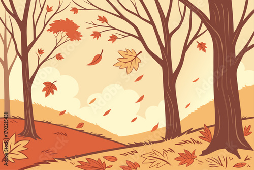 Autumn forest scene with falling leaves illustration
