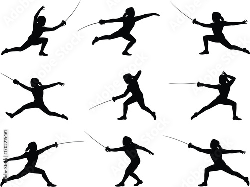 Fencing sport silhouette vector illustration, athletes with swords in action poses, professional fencing competition artwork, duel fighting stances, team