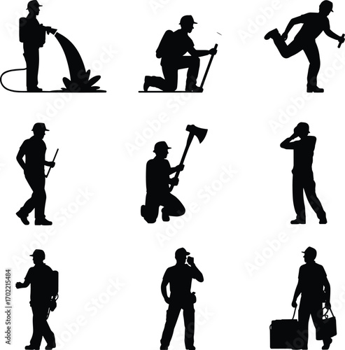Firefighter silhouettes vector illustration, fireman holding axe hose equipment, emergency rescue workers, firefighter poses black icons isolated on white background for safety design