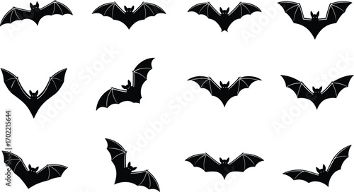 Flying bat silhouettes vector illustration, black spooky bats icons for Halloween design, horror night bat clipart, scary animal shapes isolated on white background