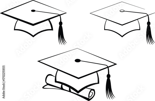 Graduation cap vector illustration set, academic hat with tassel, education achievement, diploma scroll, black outline design, student success symbol