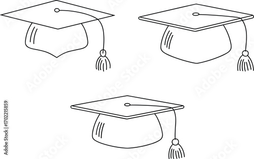 Graduation cap vector illustration, academic hat icon, education success symbol, university ceremony cap design, student achievement graphic, black line art mortarboard drawing