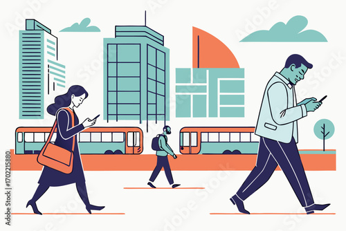 Diverse business people commuting in a vibrant city scene