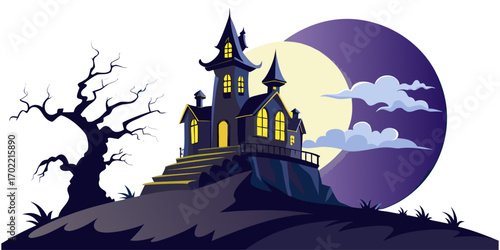 A haunted house on a hill under a full moon