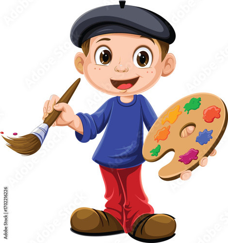 Cartoon child artist with paintbrush and palette in colorful outfit, cheerful creative character illustration for educational content, artistic themes, and storytelling design