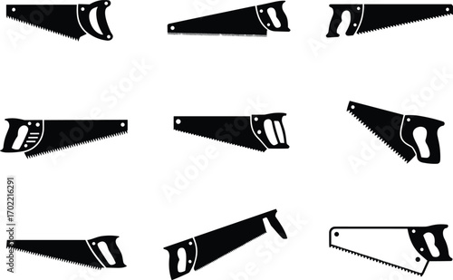  Handsaw vector illustration, black silhouette saw icons, carpentry and woodworking tools design, sharp cutting equipment set, construction hand tool graphic collection