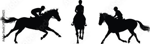 Horse riding silhouettes, jockey racing on horses, equestrian sports illustration, galloping horses 