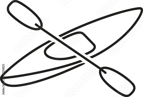 Kayak vector illustration with paddle, simple canoe icon, water sport equipment design, outdoor adventure symbol, boating graphic element, minimalist line art drawing