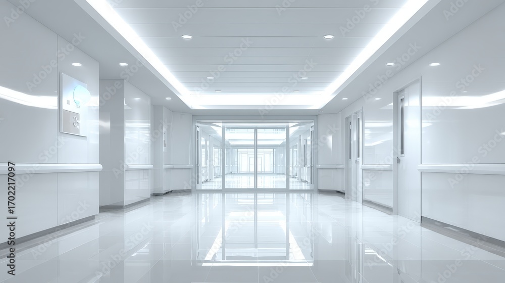 Fototapeta premium Clean Hospital Hallway with Reflective Floor and Bright Lighting for Modern Medical Facility Designs