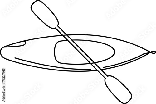  Kayak with paddle vector illustration, canoe boat outline drawing, water sport equipment graphic, outdoor adventure design, black line art icon, minimalist style