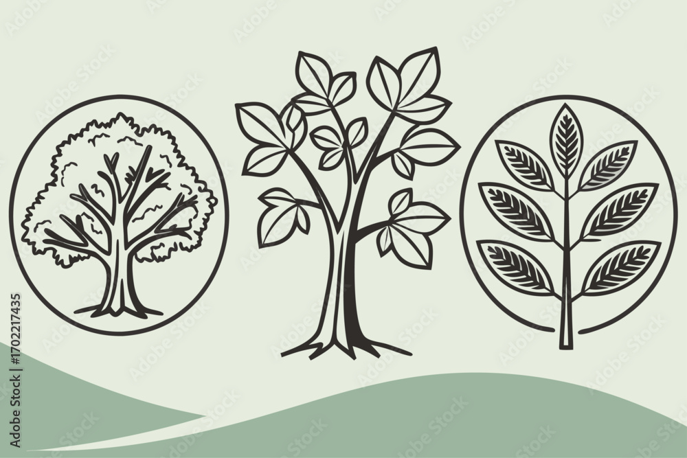 Obraz premium Minimalist tree and leaf icons in black and yellow cyan magenta