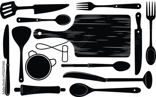 Kitchen utensils silhouette vector illustration, black and white cooking tools, spatula, spoon, fork, knife, cutting board, rolling pin, cup, ladle, food preparation design
