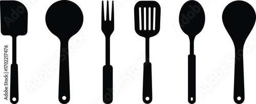 Kitchen utensils silhouette vector illustration, black cooking tools design, spoon fork spatula ladle artwork, culinary equipment symbols, simple food preparation vector icons