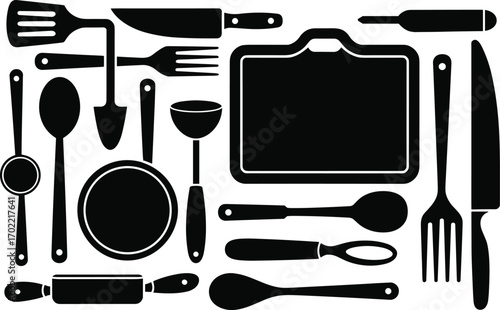Kitchen utensils silhouettes vector illustration, black cooking tools set with knife fork spoon plate rolling pin cutting board ladle, culinary equipment icons isolated