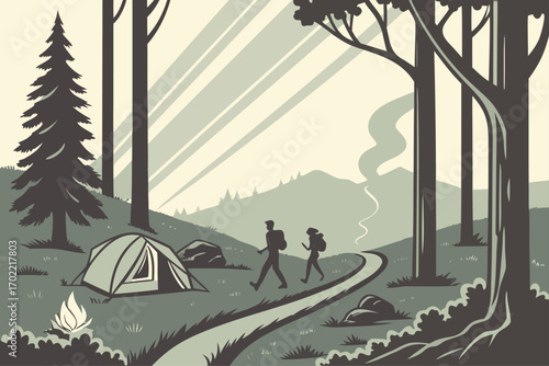 Outdoor camping and hiking adventure scene