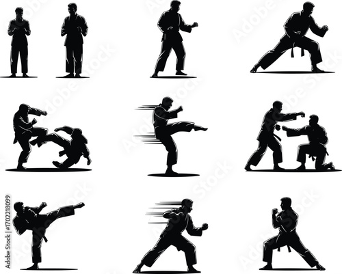 Martial arts silhouettes, karate training poses, self defense fighting moves, taekwondo action vector, combat sports illustration, fitness exercise stances, sparring partners, black design artwork