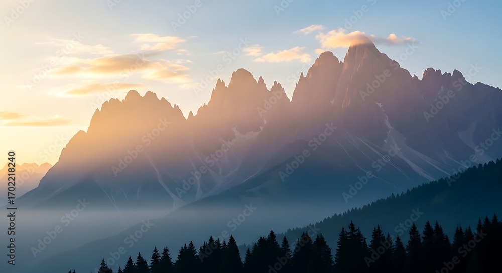 Obraz premium Majestic mountain range silhouetted against a pastel sky at sunrise, misty valleys below